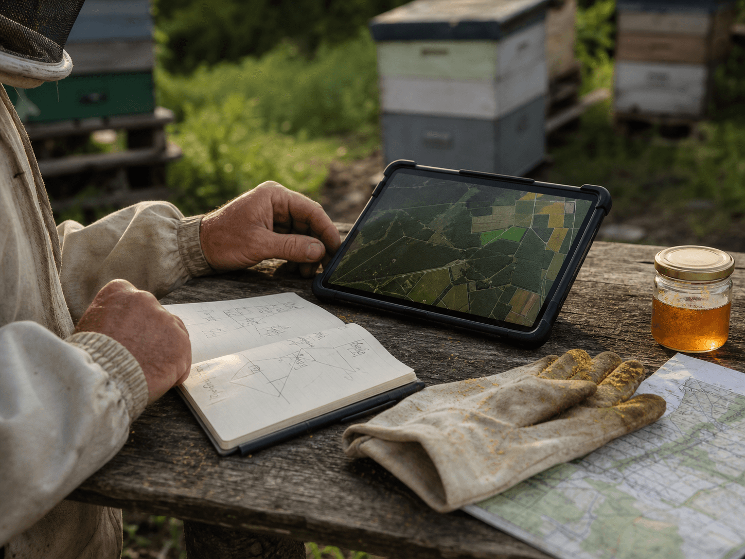 Pszczelarz analizuje mapę okolicy pasieki na tablecie