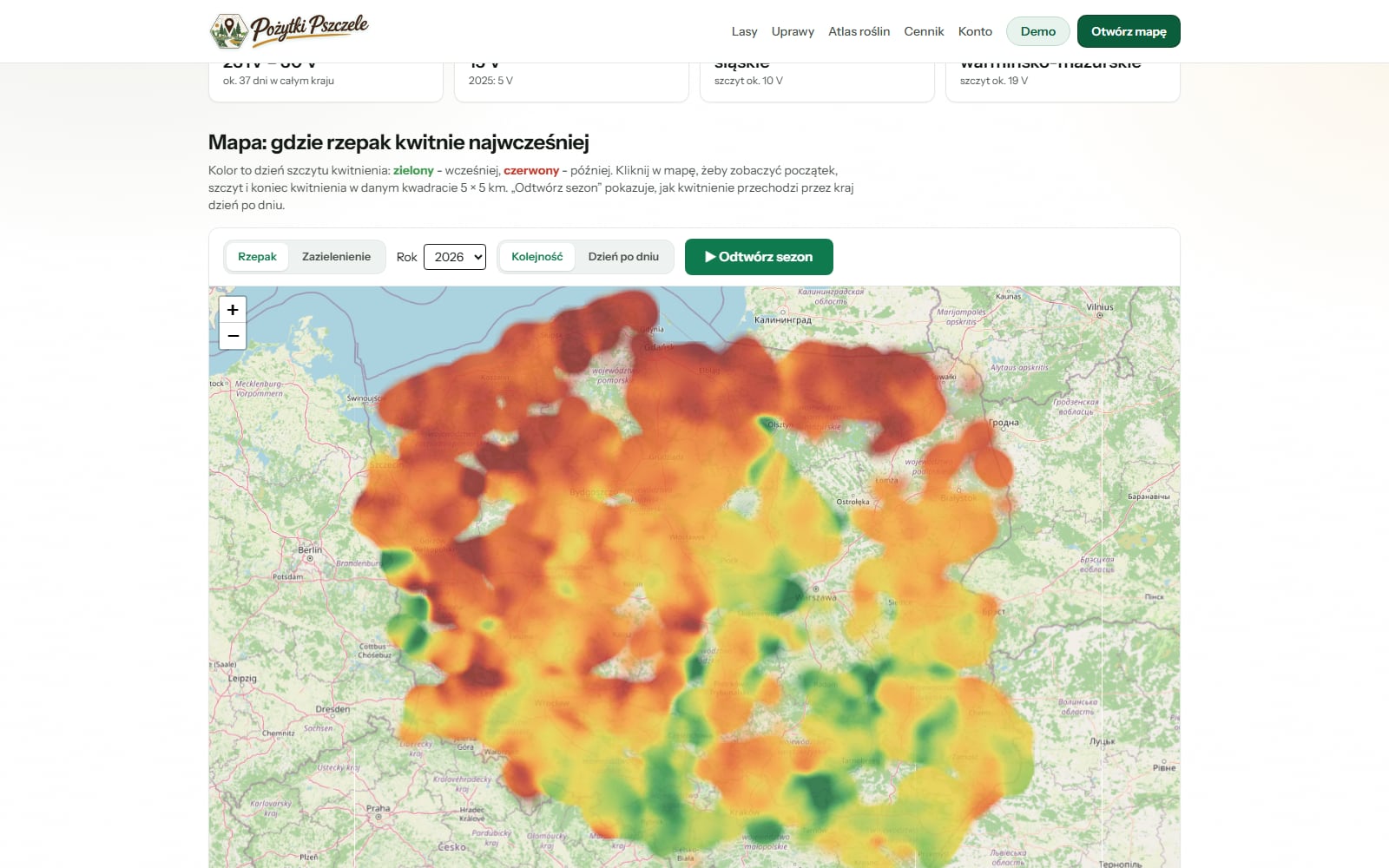 Przykład: mapa kwitnienia rzepaku w Polsce 2026 - dzień szczytu kwitnienia w kwadratach 5 × 5 km